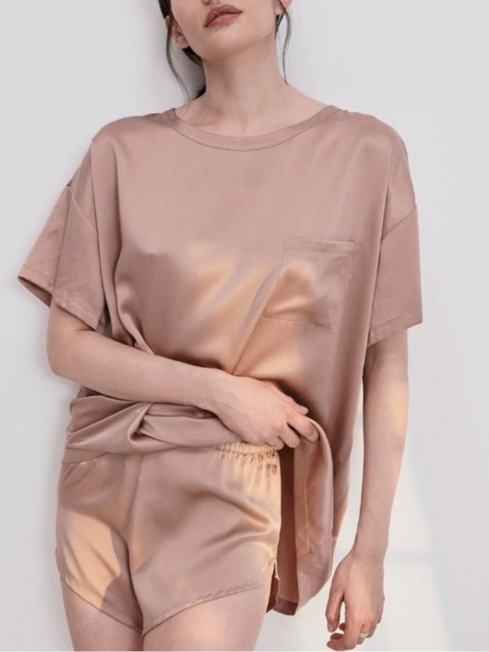 Lunya Otium Tan Washable 100% Silk Pocket Short Sleeve Tee XS/S